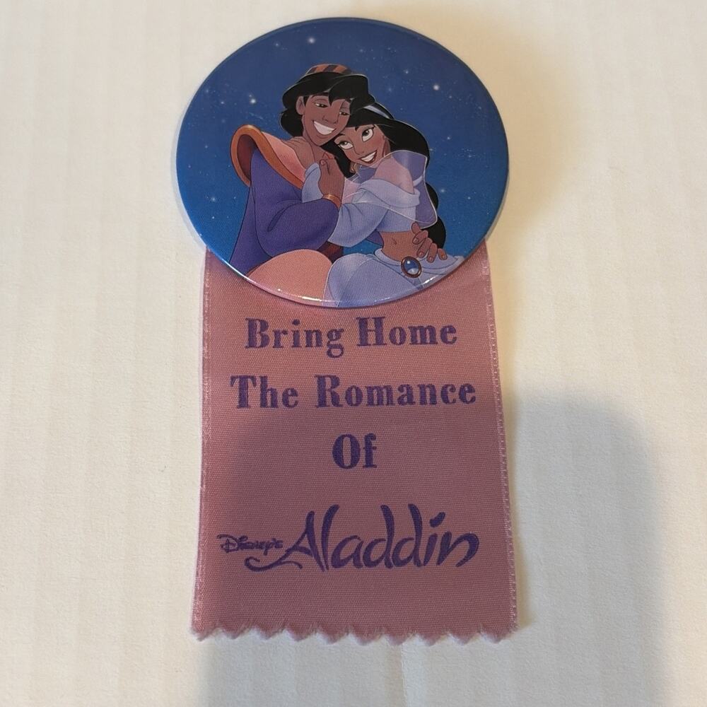 Disney 3" Button Pin Aladdin and Jasmine with Ribbon Bring Home The Romance READ